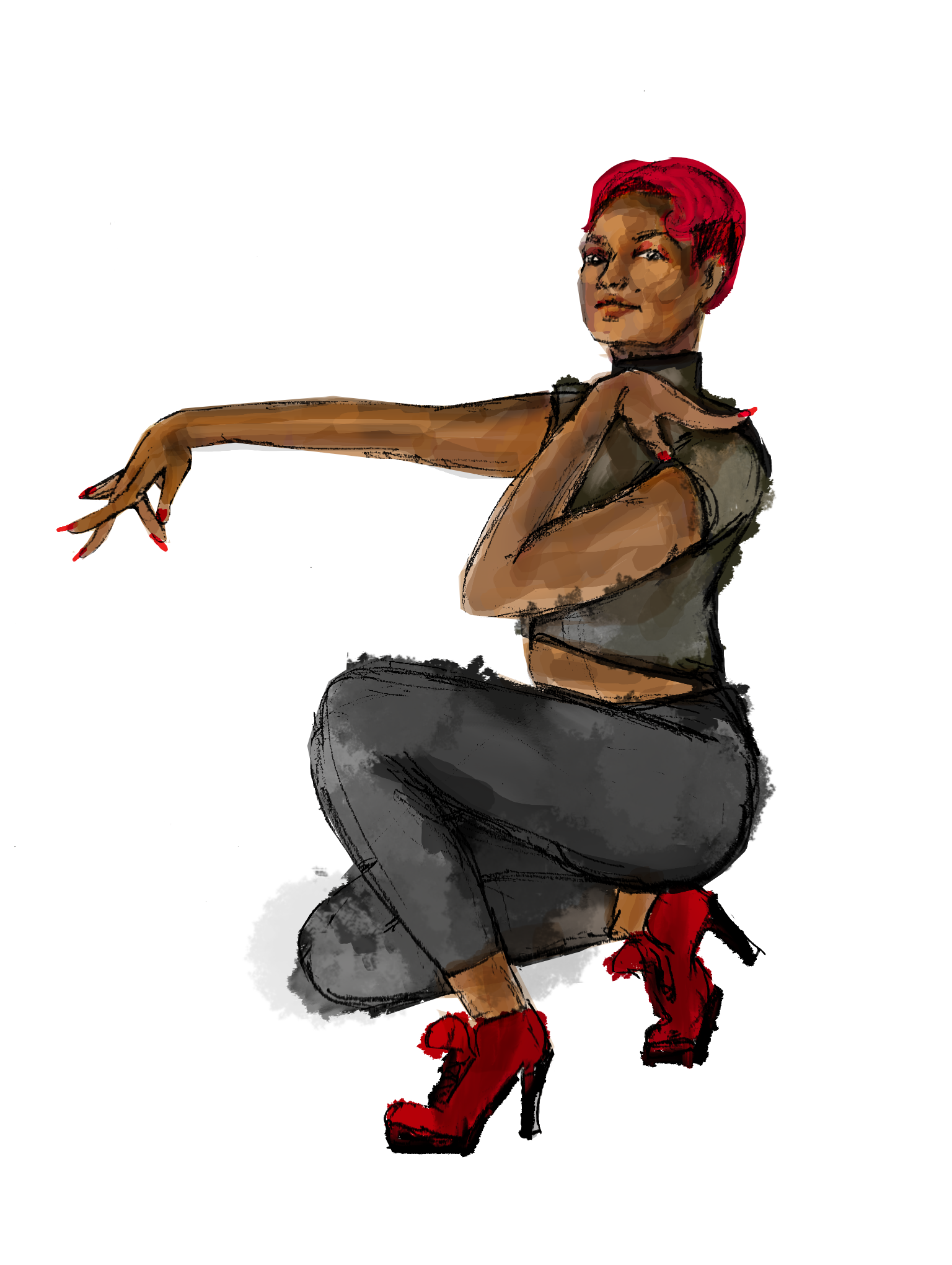 Illustion of red hair LGBTQ+ voguer wearing heals Illustion of red hair LGBTQ+ voguer wearing heals
