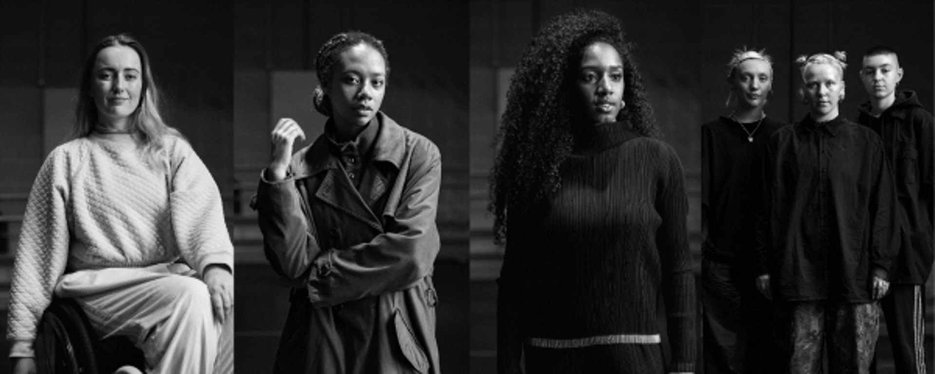 black and white headshots of four Sadlers Wells Young Associates black and white headshots of four Sadlers Wells Young Associates