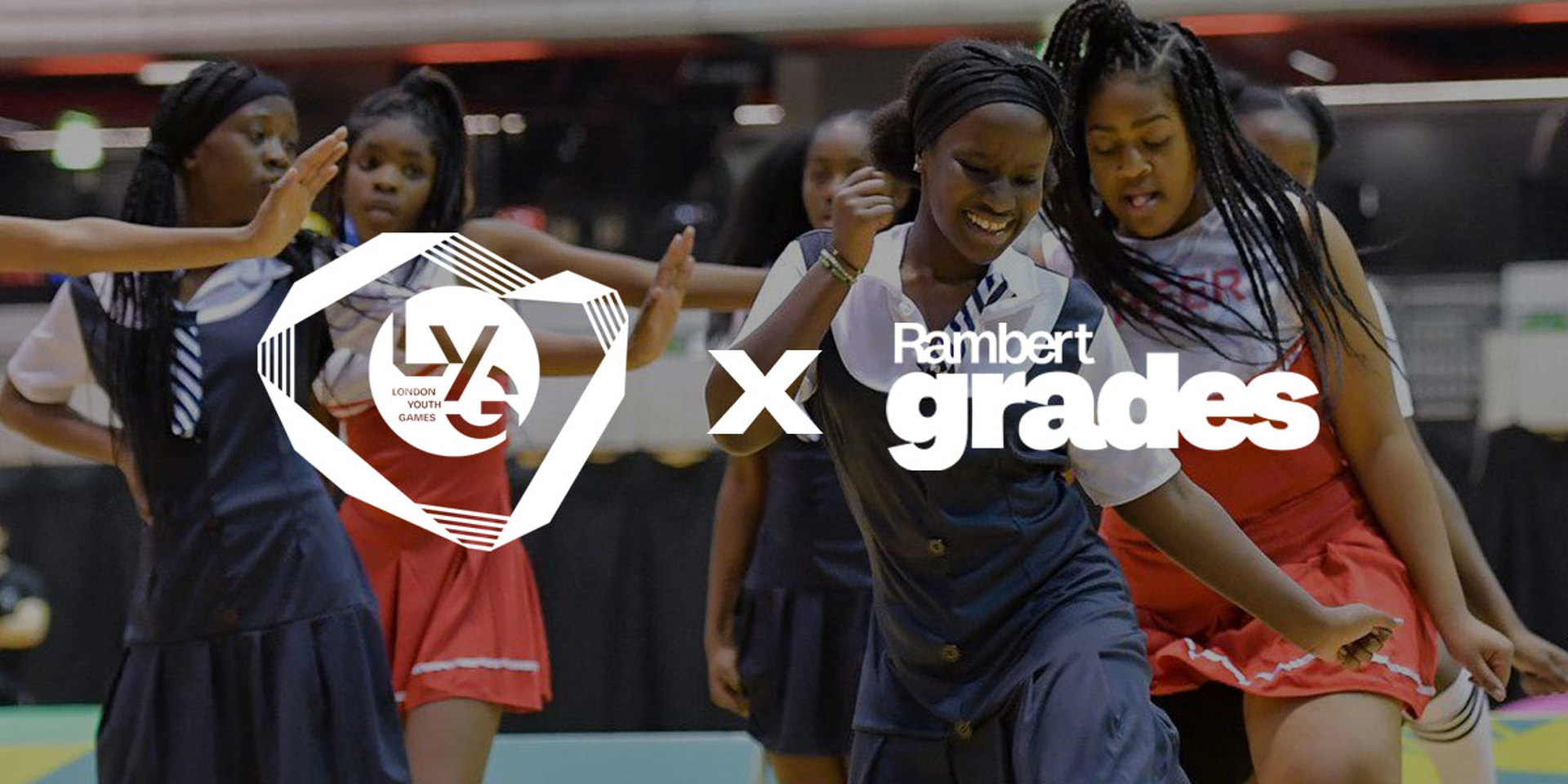 Image of young global majority dancers dancing behind a logo that says london youth games x rambert grades Image of young global majority dancers dancing behind a logo that says london youth games x rambert grades