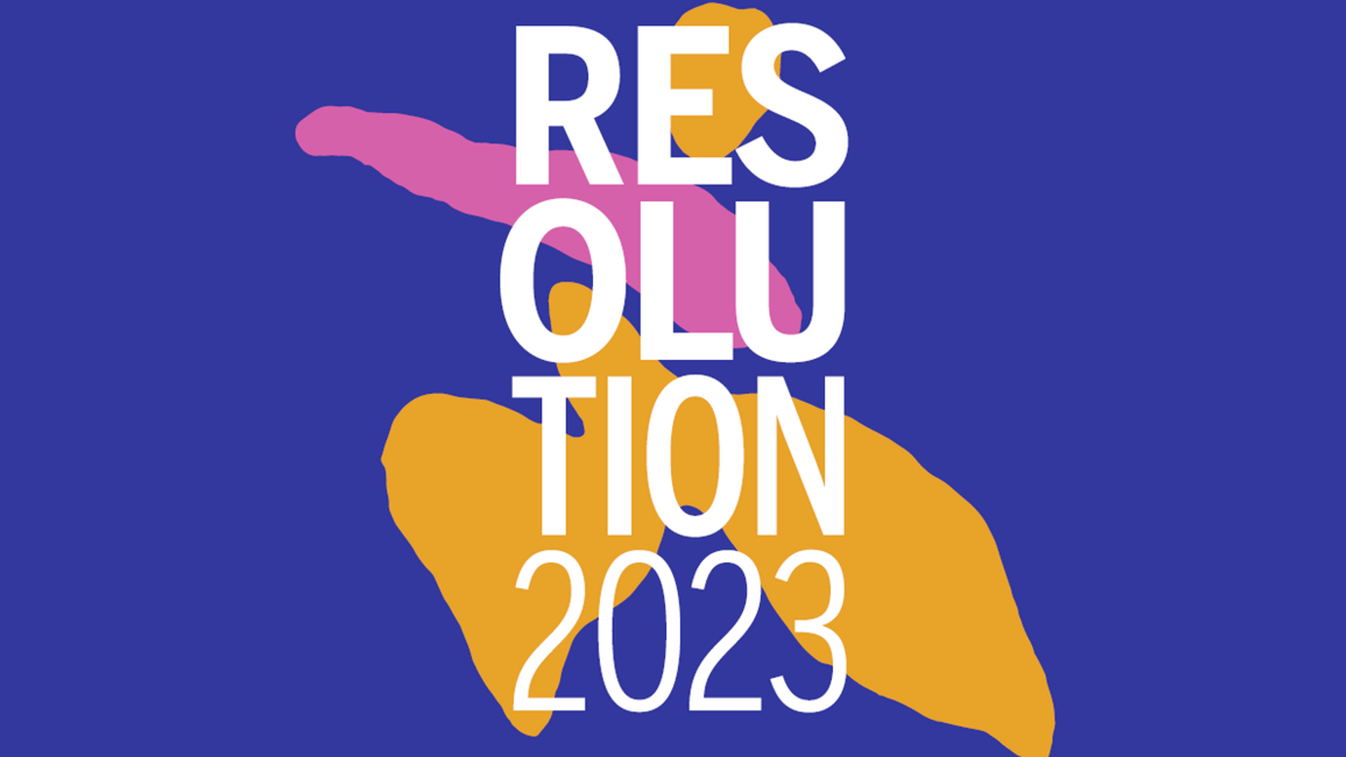 logo of Resolution 2023 blue with yellow and pink abstract marks behind logo of Resolution 2023 blue with yellow and pink abstract marks behind