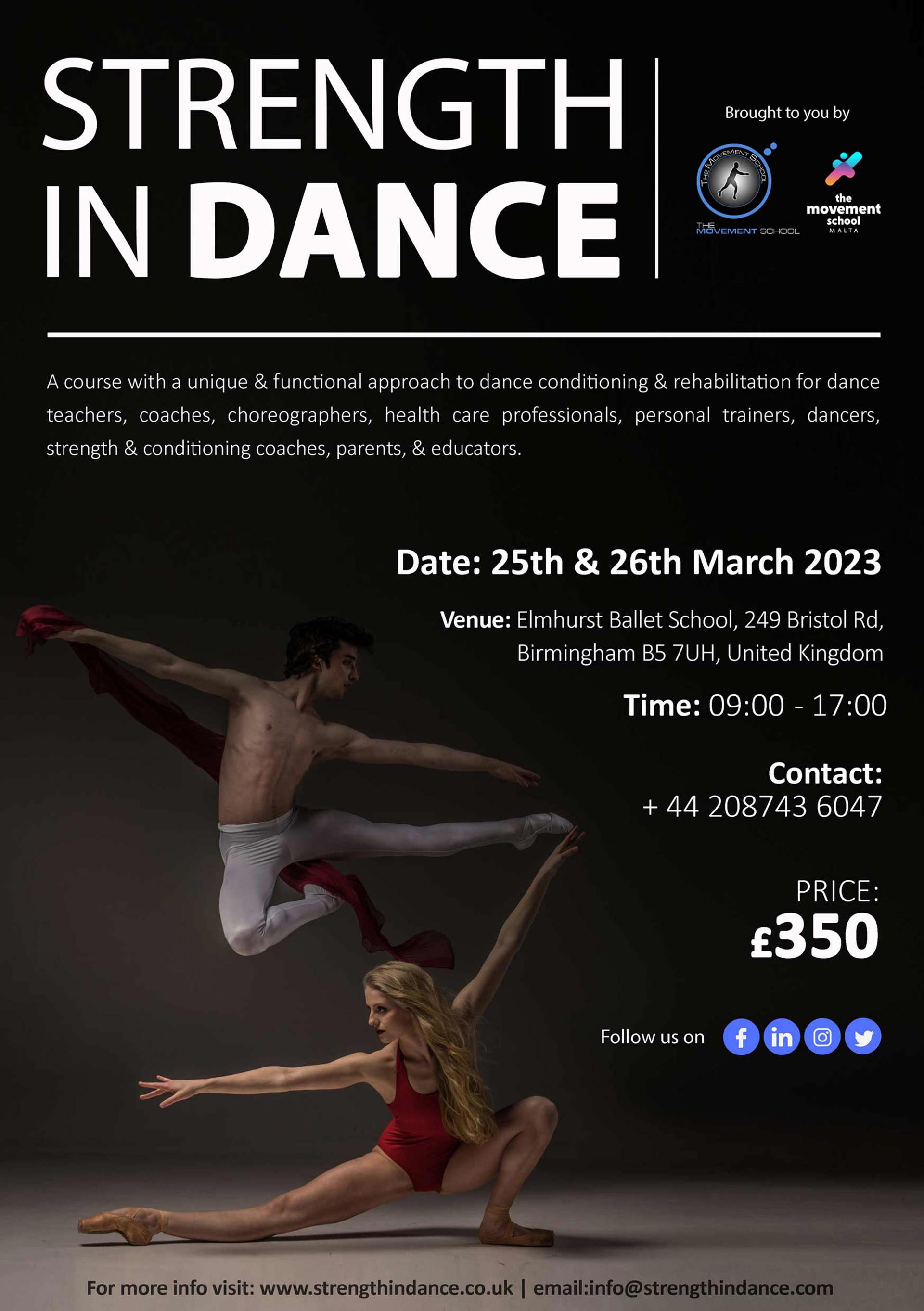 poster with text saying Strength In Dance with two dancers one jumper and the other lunging poster with text saying Strength In Dance with two dancers one jumper and the other lunging