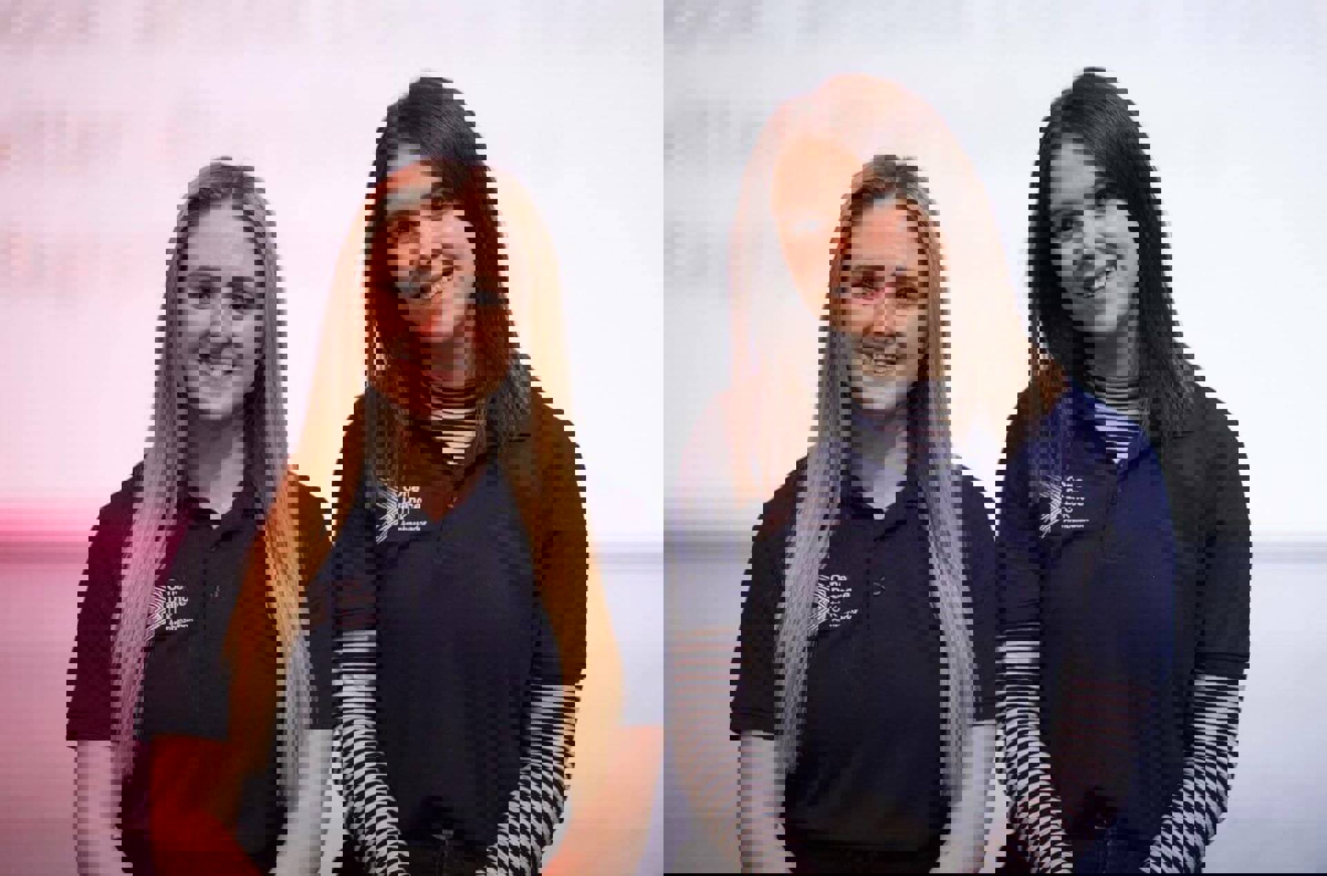 Two female One Dance UK dance ambassadors in blue t-shirts smiling at the camera Two female One Dance UK dance ambassadors in blue t-shirts smiling at the camera