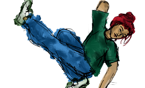 Illustration of Female break dancer with Limb Difference in a break dancing pose 