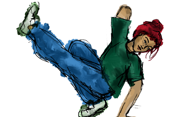 Illustration of Female break dancer with Limb Difference in a break dancing pose 