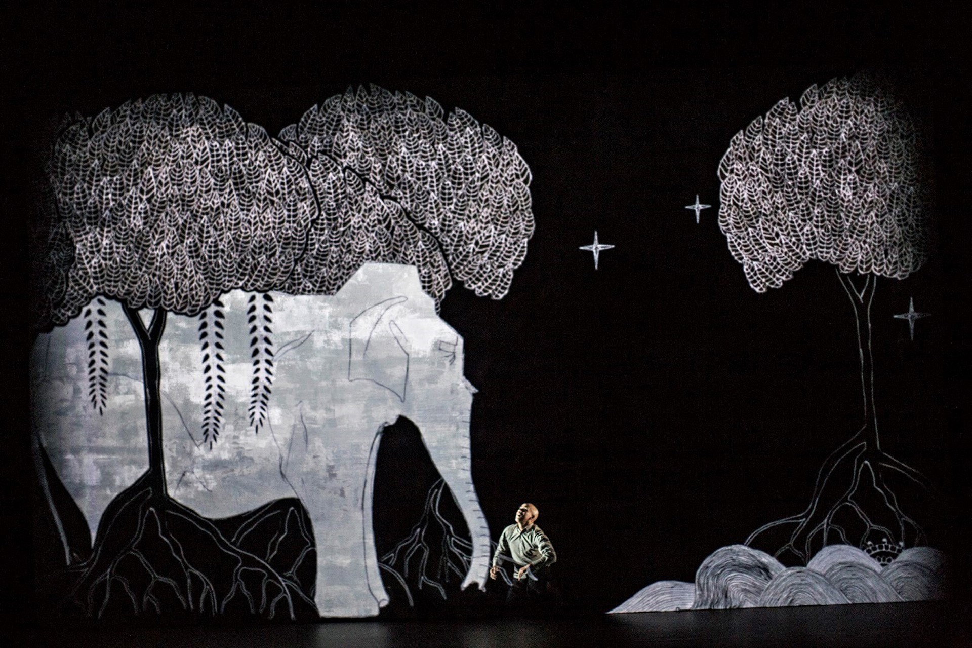 dancer sitting crossed legged central on stage with large illustrated elephant projection and tress behind