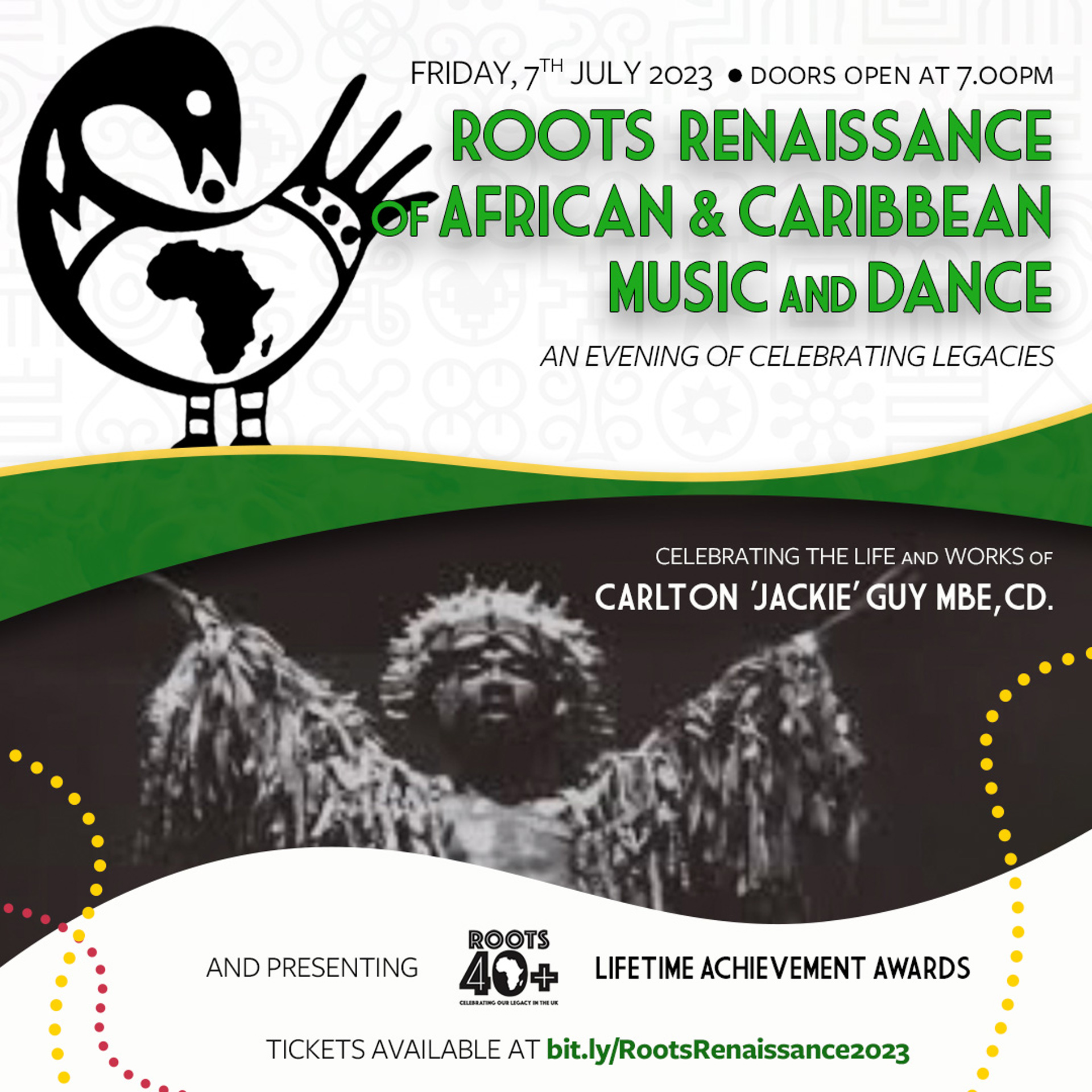 poster for roots renaissance of African and Caribbean music and dance