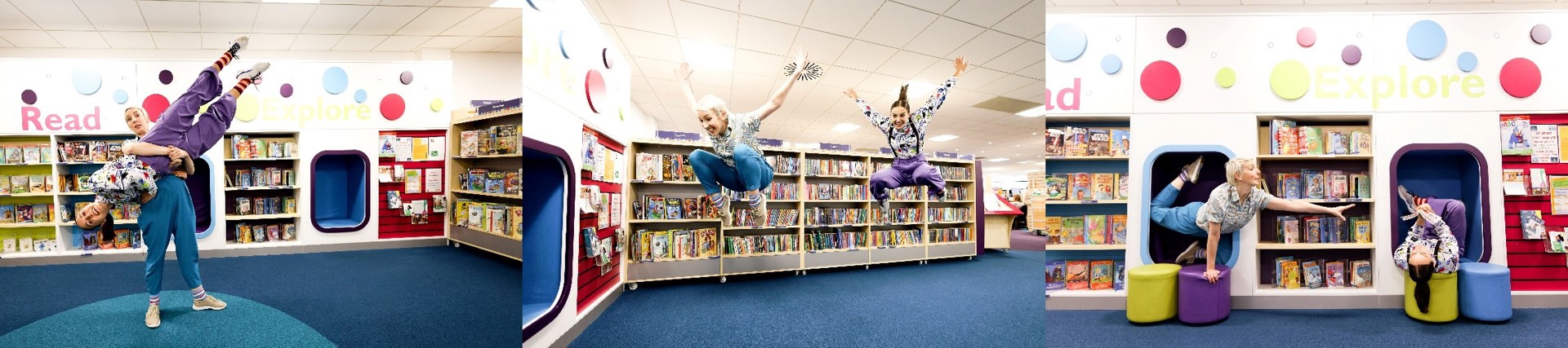 three images of two female dancers jumping and moving in a colourful library 