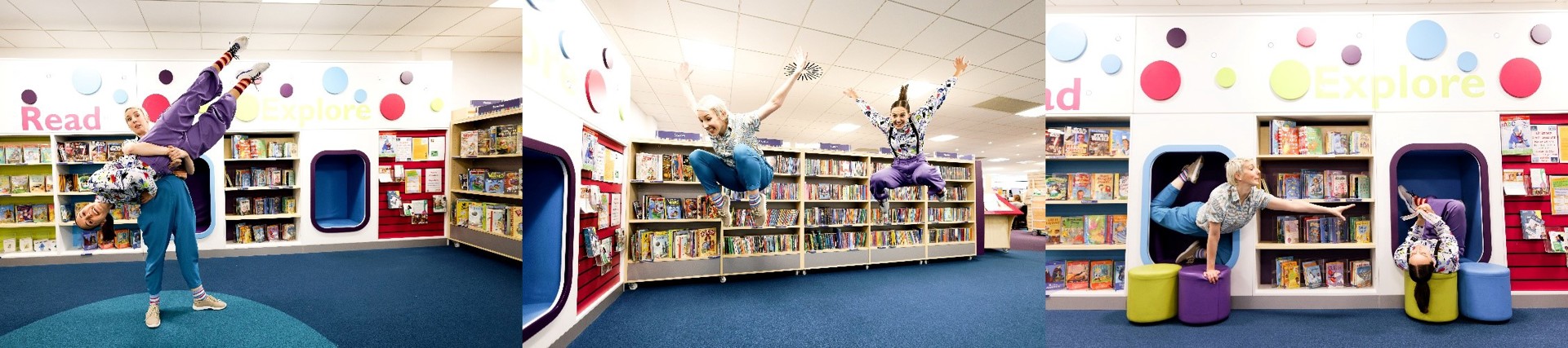 three images of two female dancers jumping and moving in a colourful library three images of two female dancers jumping and moving in a colourful library