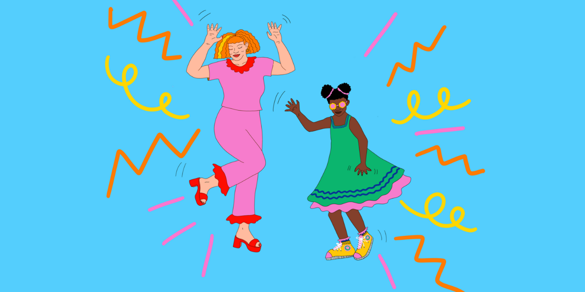 two female dancing illustrations on blue background