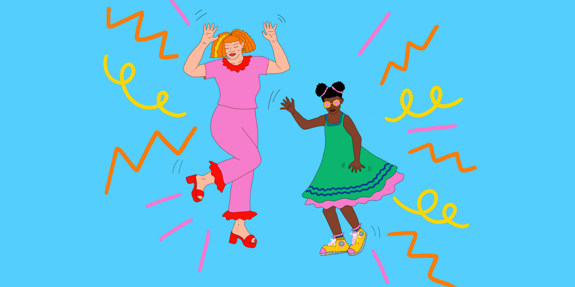 two female dancing illustrations on blue background two female dancing illustrations on blue background