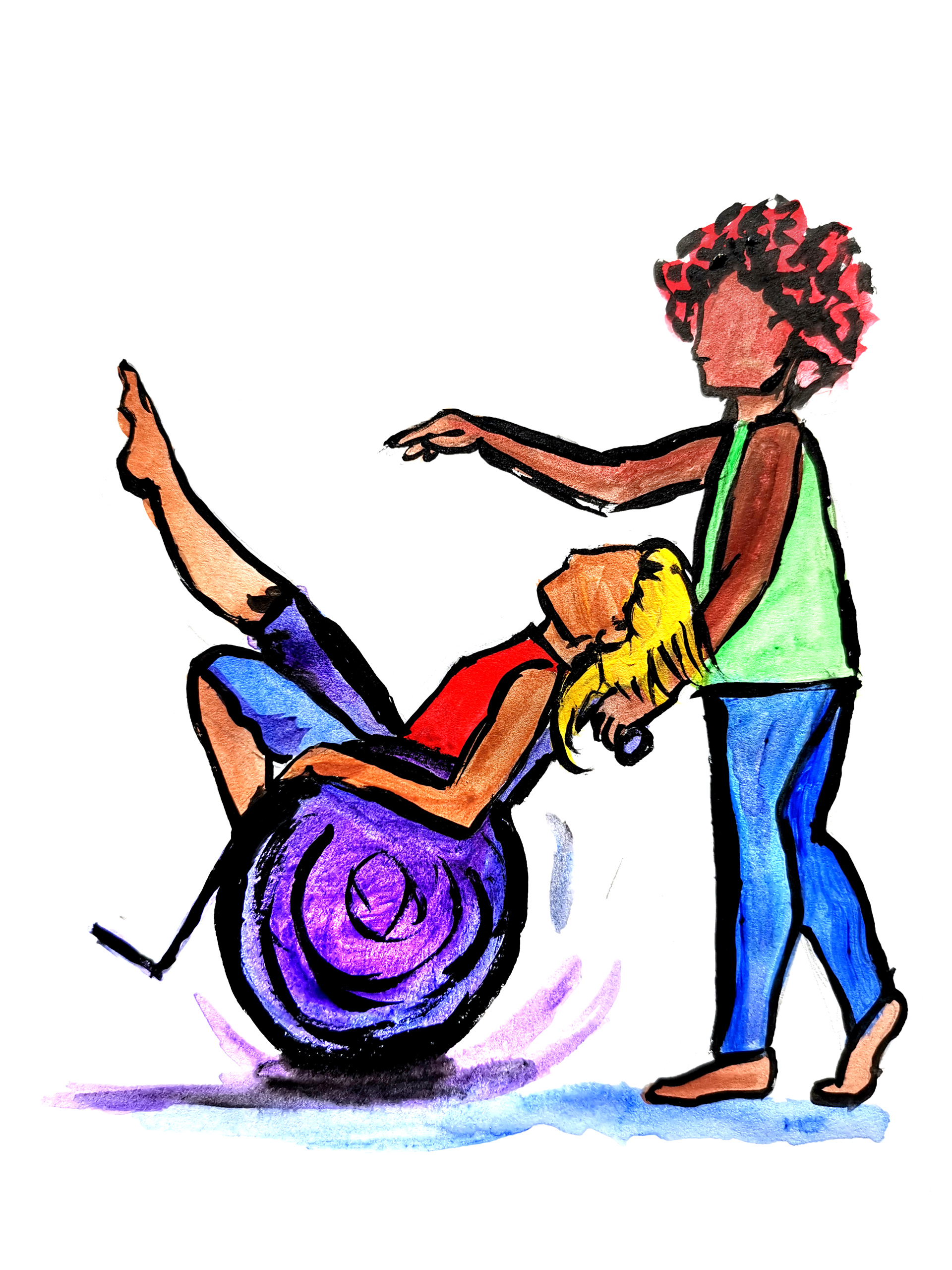 Illustration of female wheelchair dancer and carer  Illustration of female wheelchair dancer and carer