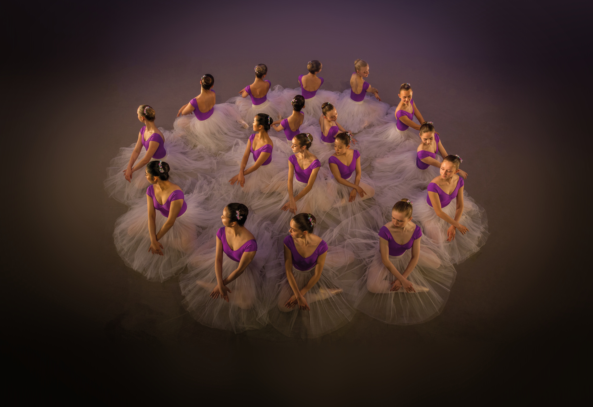 seventeen female sitting dancers with hands over kneed wearing purple leotards and large white tutus in two circles